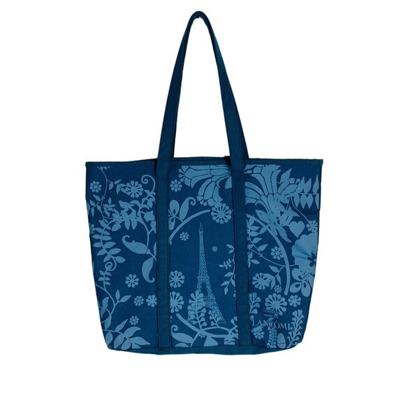 Lancome Blue Floral Canvas Tote Bag Eiffel Tower Print Paris Market Reusable - Picture 11 of 12